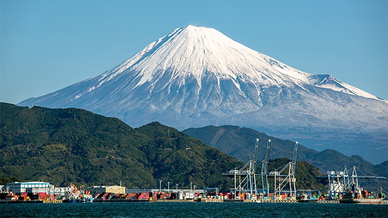 Mountain Fuji in Japan with Shimizu port in the foreground