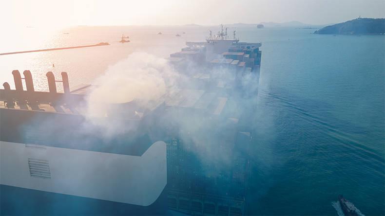 Smoke exhaust gas emissions carbon dioxide from containership, Marine diesel engine exhaust gas from combustion