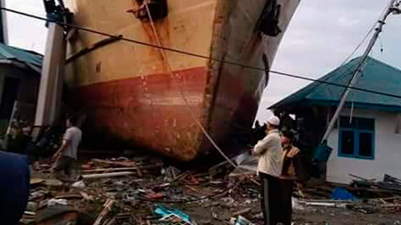 Ship swept ashore by tsunami in Palu, Central Sulawesi, Indonesia