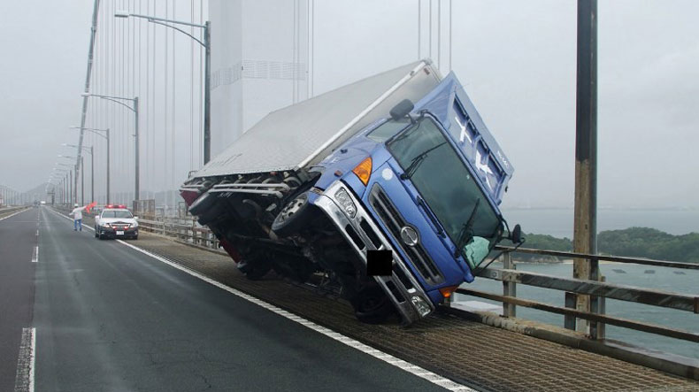 Truck hit by typhoon Jebi