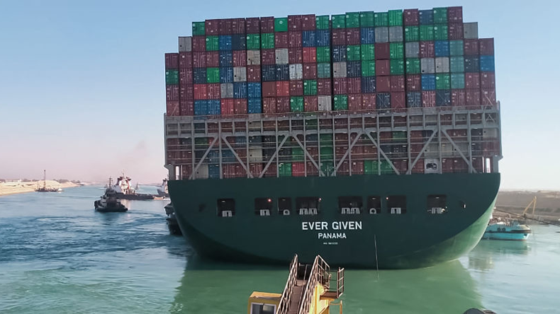 March 29L Picture from tug as Ever Given starts to move away from Suez Canal bank. Credit AFP via Getty Images