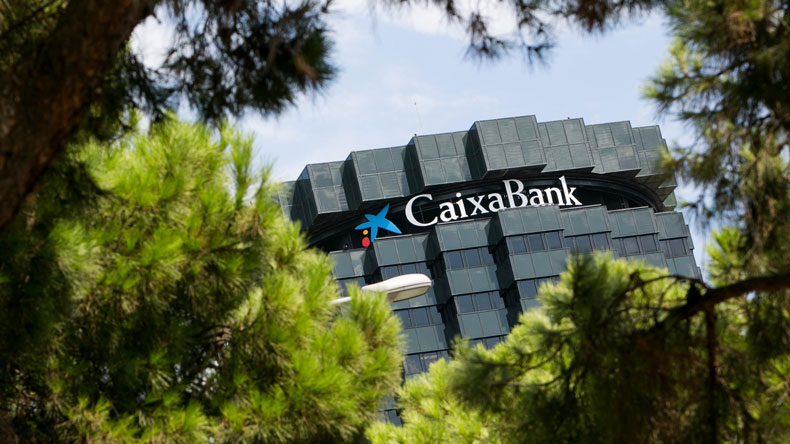 Caixa bank sign on Barcelona main office