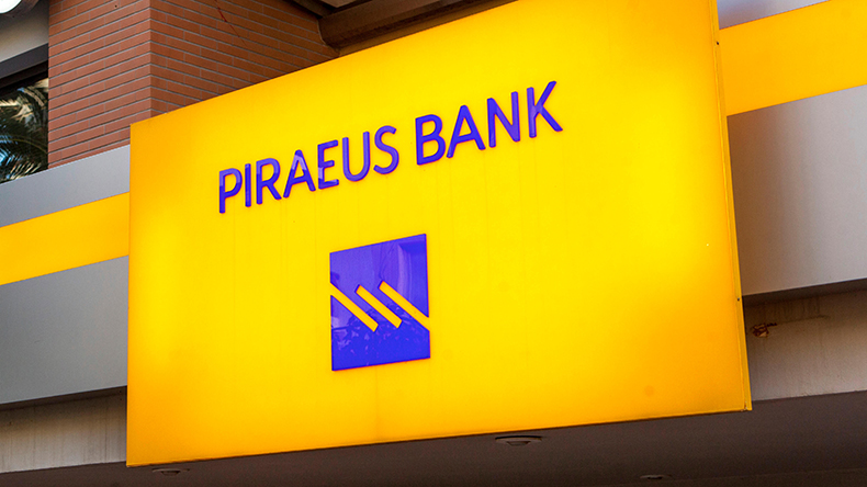 Piraeus Bank sign at a Crete or Greece bank