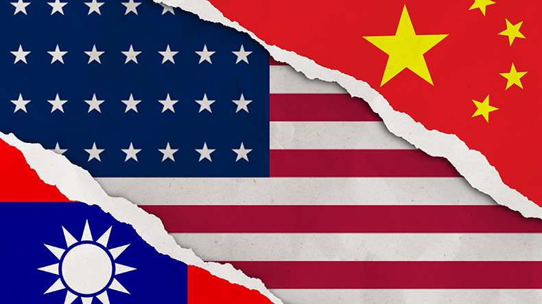 China, Taiwan and US flags ripped
