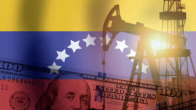 Pump jack with US dollar and Venezuela flag background
