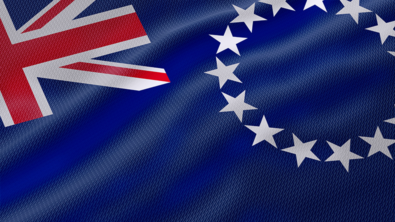 Wavy flag illustration depicting national symbol of Cook Islands in Oceania with stars