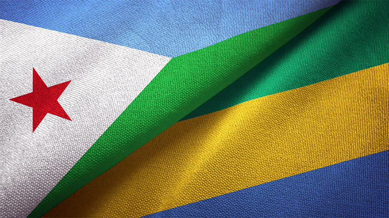 Djibouti and Gabon two flags textile cloth, fabric texture