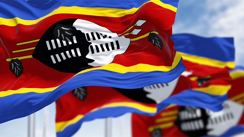 Close-up of Eswatini national flags waving a clear day