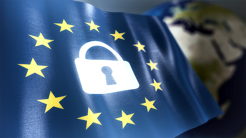 EU flag with padlock and world map in the background