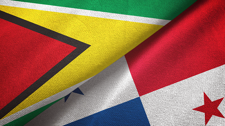 Guyana and Panama two flags textile cloth, fabric texture