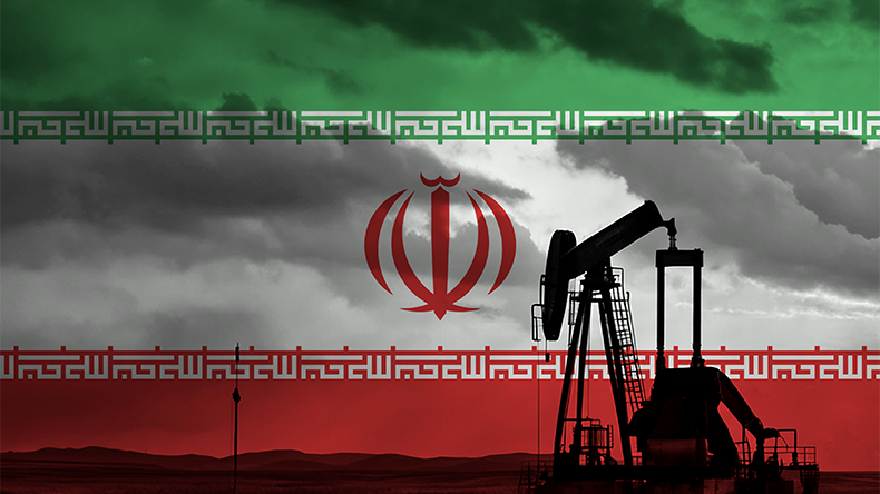Drilling for oil in the countryside with Iran national flag overlay