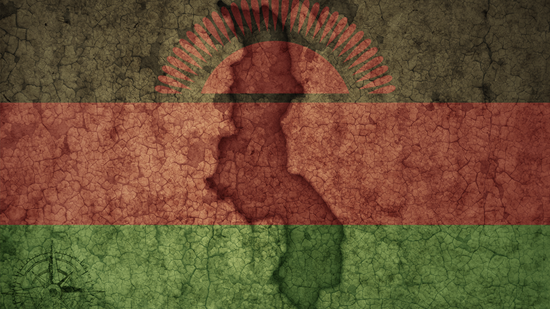 Map and flag of Malawi on a old vintage crack paper background