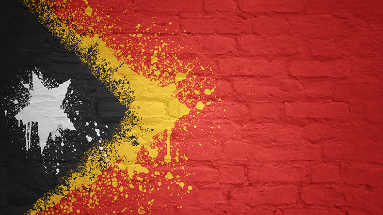 Colorful painted national flag of Timor Leste on an old brick wall