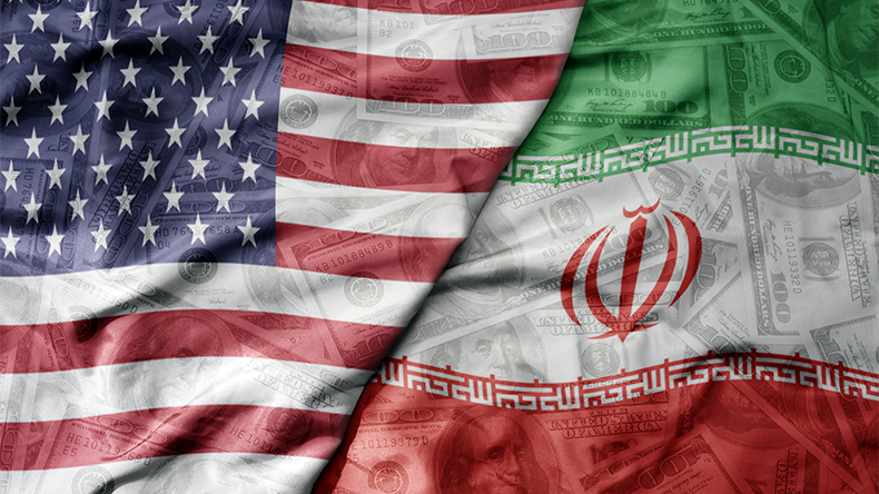 Big waving colorful flag of USA and national flag of Iran on the dollar money background