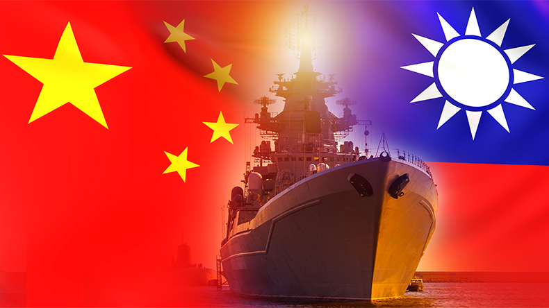 China vs Taiwan. Military ship. PRC and Taiwan flags. Naval navy. Blockade of island of Taiwan. Chinese naval forces