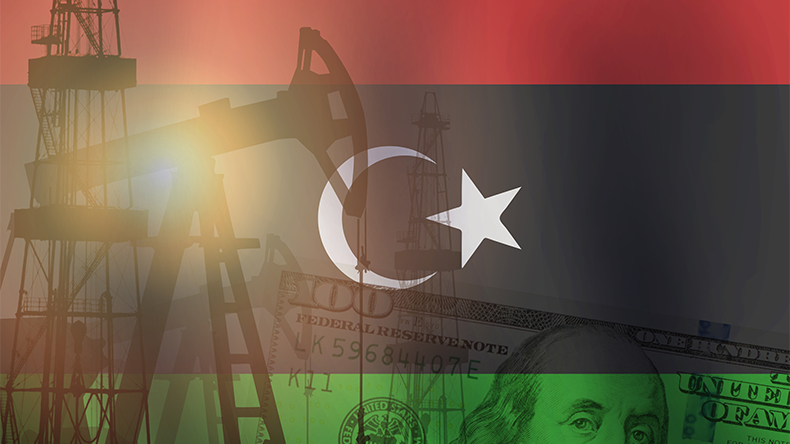 Crude oil and petroleum concept. Pump jack, US dollar notes and Libya flag background