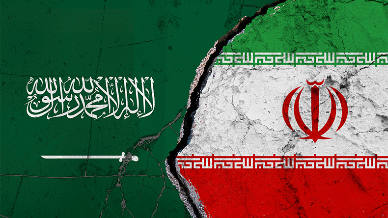 Torn flags of Saudi Arabia and Iran Depicting Political and Cultural Tension