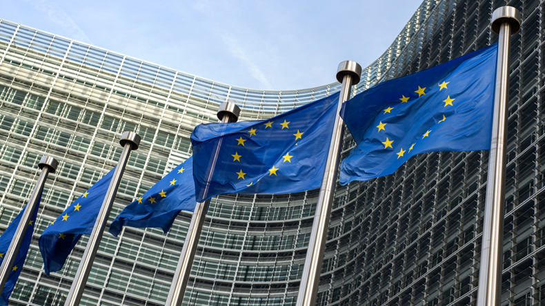 EU flags at the European Commission building. Credit artJazz /  iStock / Getty Images Plus