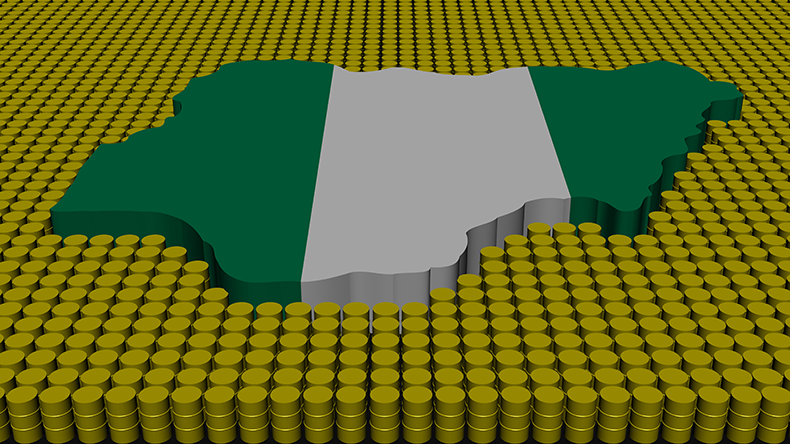 Nigeria flag as a map with oil barrels
