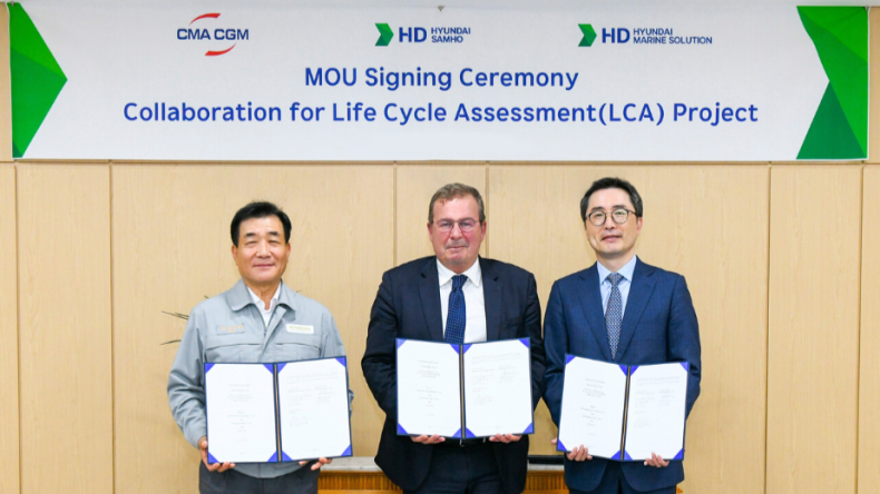 From left: HD Hyundai Samho chief executive Shin Hum-dae, CMA CGM vice-president Xavier Leclercq and HD Hyundai Marine Solution executive director Kim  Jeong-hyuk.