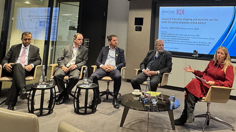 From left: Gaurav Moolwaney from Standard Chartered Bank, Stephen Fewster from ING, Paul Taylor from Société Générale and Michael Parker from Citi discuss ship finance and decarbonisation with moderator Lindsey Keeble, managing partner, Watson Farley Williams