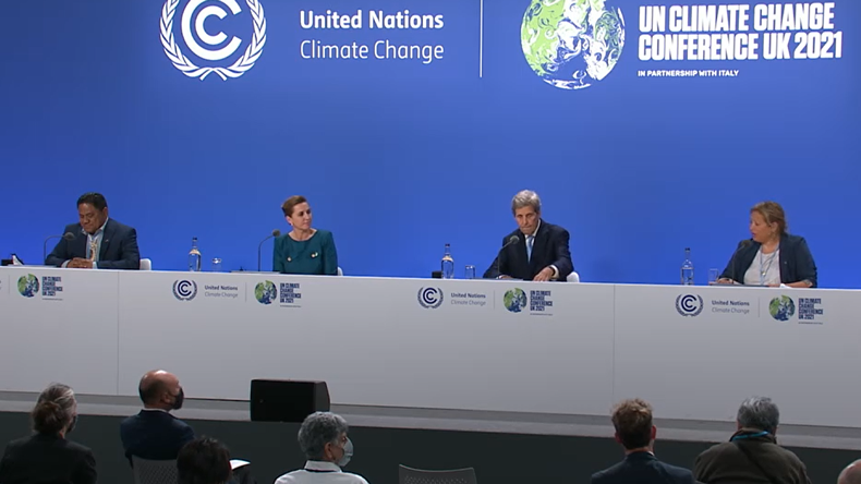 COP26: UNFCC webcast. From left: Marshall Islands health minister Bruce Billimon, Danish prime minister Mette Frederiksen, US climate special envoy John Kerry, and Maersk fleet and strategic brands chief Henriette Hallberg Thygesen.