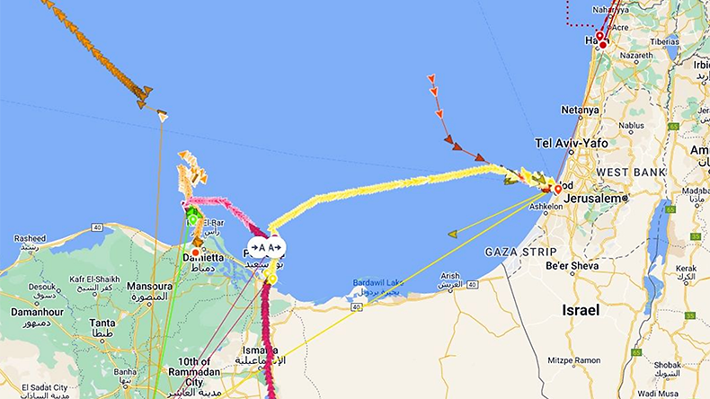 Map of ships being jammed in eastern Mediterranean