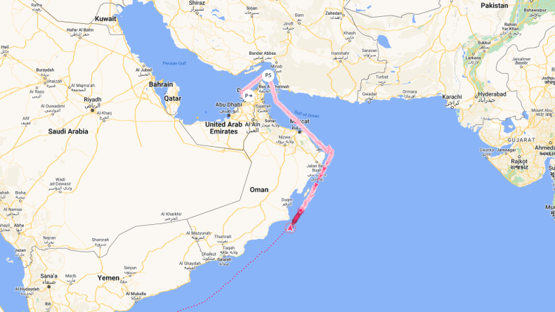 Map of the location of Prestige Falcon, around 25 nautical miles southeast of Ras Madrakah in central Oman.