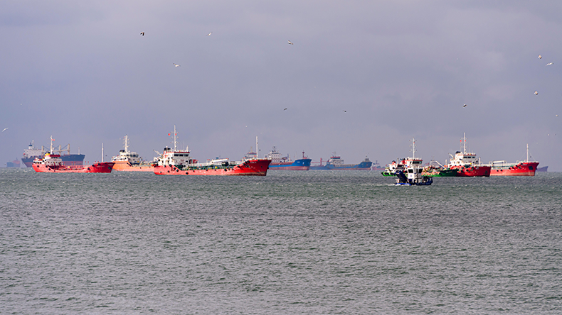 Many ships anchored at the mouth of the Bosporus, Istanbul, Turkey