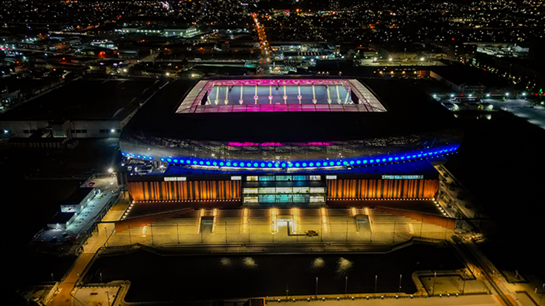 An aerial view of the Everton Stadium at Bramley-Moore Dock in Liverpool