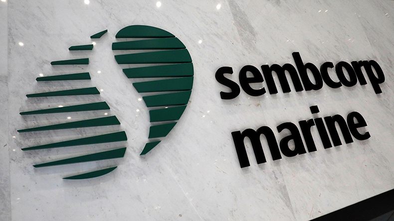 Sembcorp Marine sign at a shipyard in Singapore