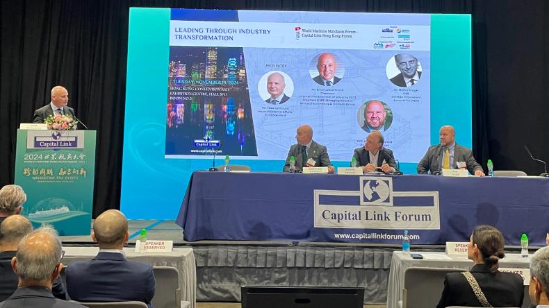 A panel themed ‘Leading through industry transformation’ at 2024 Hong Kong Maritime Week (from left: Mike Salthouse, Head of External Affairs of NorthStandard; Emanuele Grimaldi, chairman of International Chamber of shipping; Martin Kröger, chief executive of the German Shipowners' Association; Bud Darr, maritime policy and government Affairs of MSC Group)