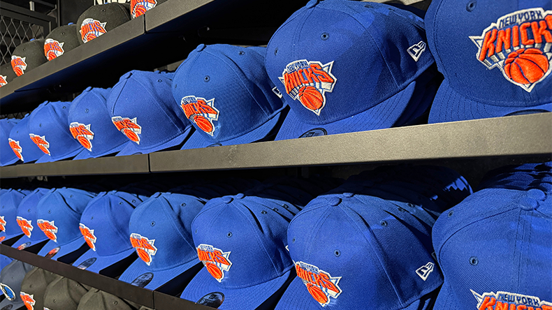 New York Knickerbockers snapback hats on sale at the NBA store in Manhattan