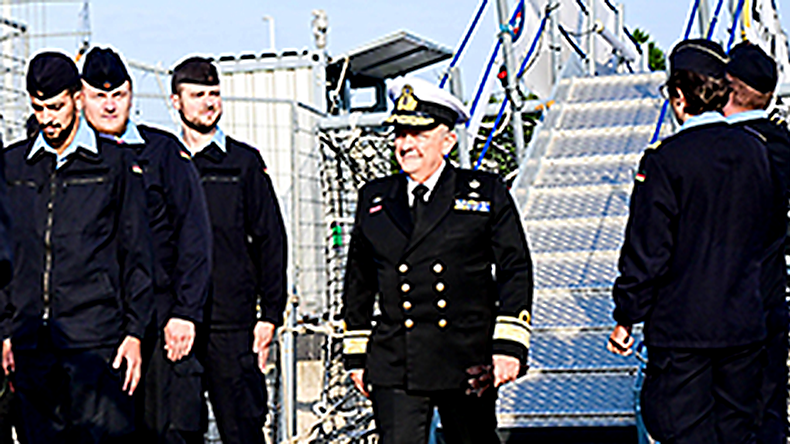Vasileios Gryparis, operational commander of EUNAVFOR Aspides, is received on deck of Hessen