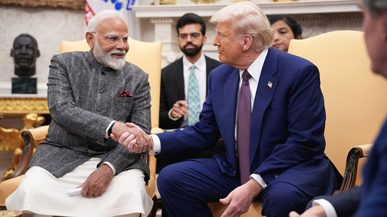President Donald Trump and Indian Prime Minister Narendra Modi meet in the Oval Office at the White House on February 13, 2025.