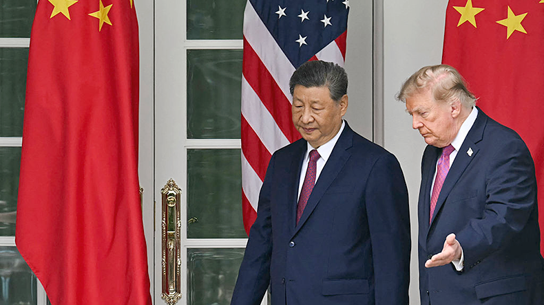 China's President Xi Jinping and US President Donald Trump arrive for a military review in the Rose Garden of the White House in Washington, DC, on September 24, 2026.