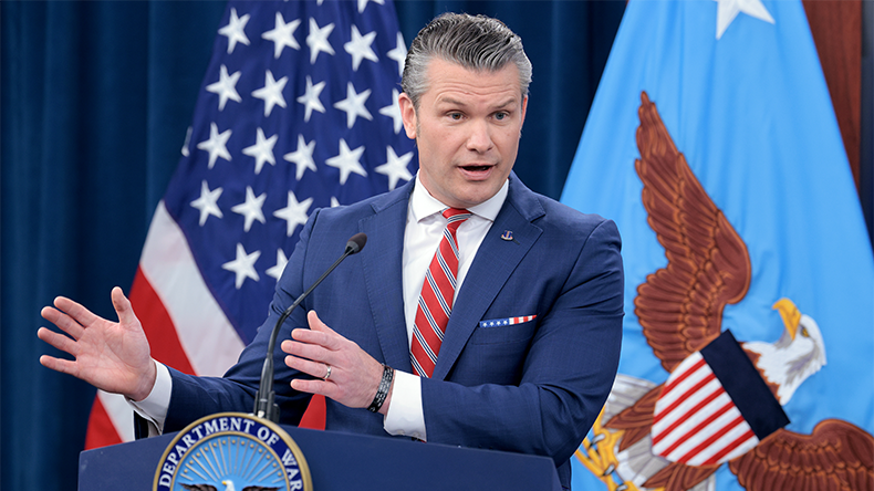 US Secretary of War Pete Hegseth speaks to reporters during a press briefing at the Pentagon on May 05, 2026