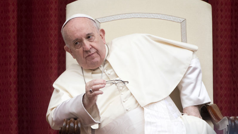 Pope Francis leads his general weekly audience at St. Damaso Court on September 23, 2020 in Vatican City, Vatican. (Photo by Alessandra Benedetti, Corbis/via Getty Images)