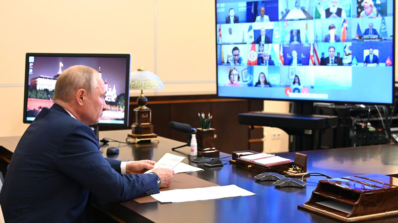 Vladimir Putin addressing a UN Security Council meeting on maritime security. Credit Russian Look Ltd. / Alamy Stock Photo