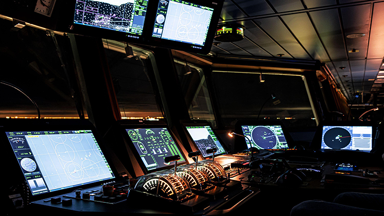 Wheelhouse of a modern ship is a close-up of the ship’s course control levers