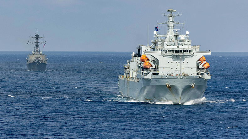 US Navy guided-missile destroyer USS Arleigh Burke and Royal Fleet Auxiliary Ship RFA Argus (A 135) in the Mediterranean Sea in 2024