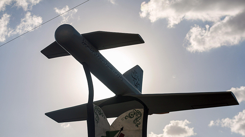 Model of locally made ‘Shehab’ drone, which carries explosive warheads and can travel long distances