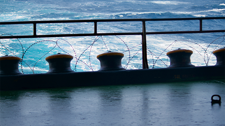 Barbed wire on a containership deck