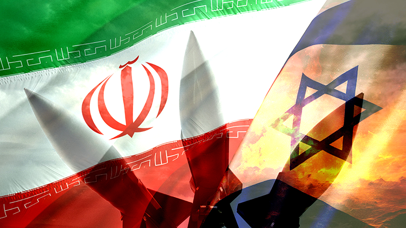 Israel and iran flags with missiles superimposed