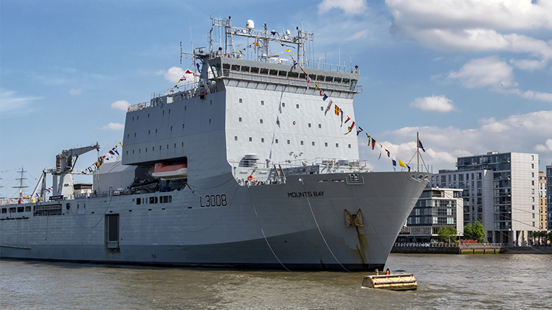 The Royal Fleet Auxiliary ship “Mounts Bay” moored at Greenwich in London