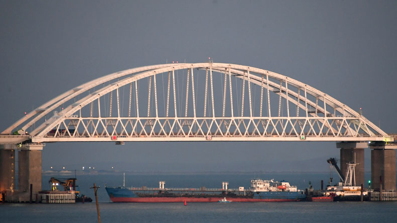Kerch Bridge with ship blocking access to Kerch Strait 251118