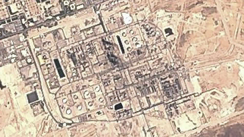 Saudi Arabia’s Abqaiq refinery on 15 September 2019 after drone strike: false-colour image from European Union Sentinel-2 satellite