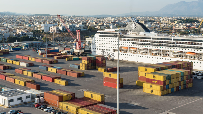 Cruiseship and containers, Heraklion port, Crete. Credit byvalet / Alamy Stock Photo