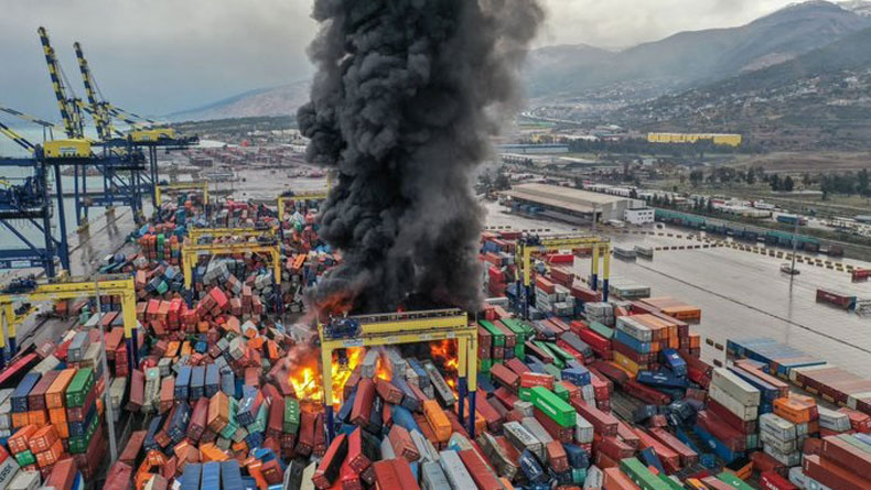 Fire burning among containers at Iskenderun following earthquake