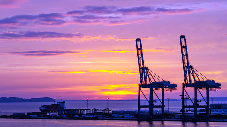A beautiful sunrise in the harbor of Aarhus in Denmark